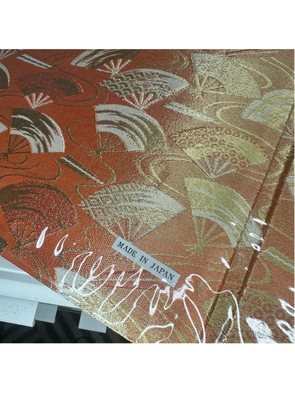 Vintage New NIB Sunny Photo Album Japan Gold & Orange Silk Brocade Fan & Tassel